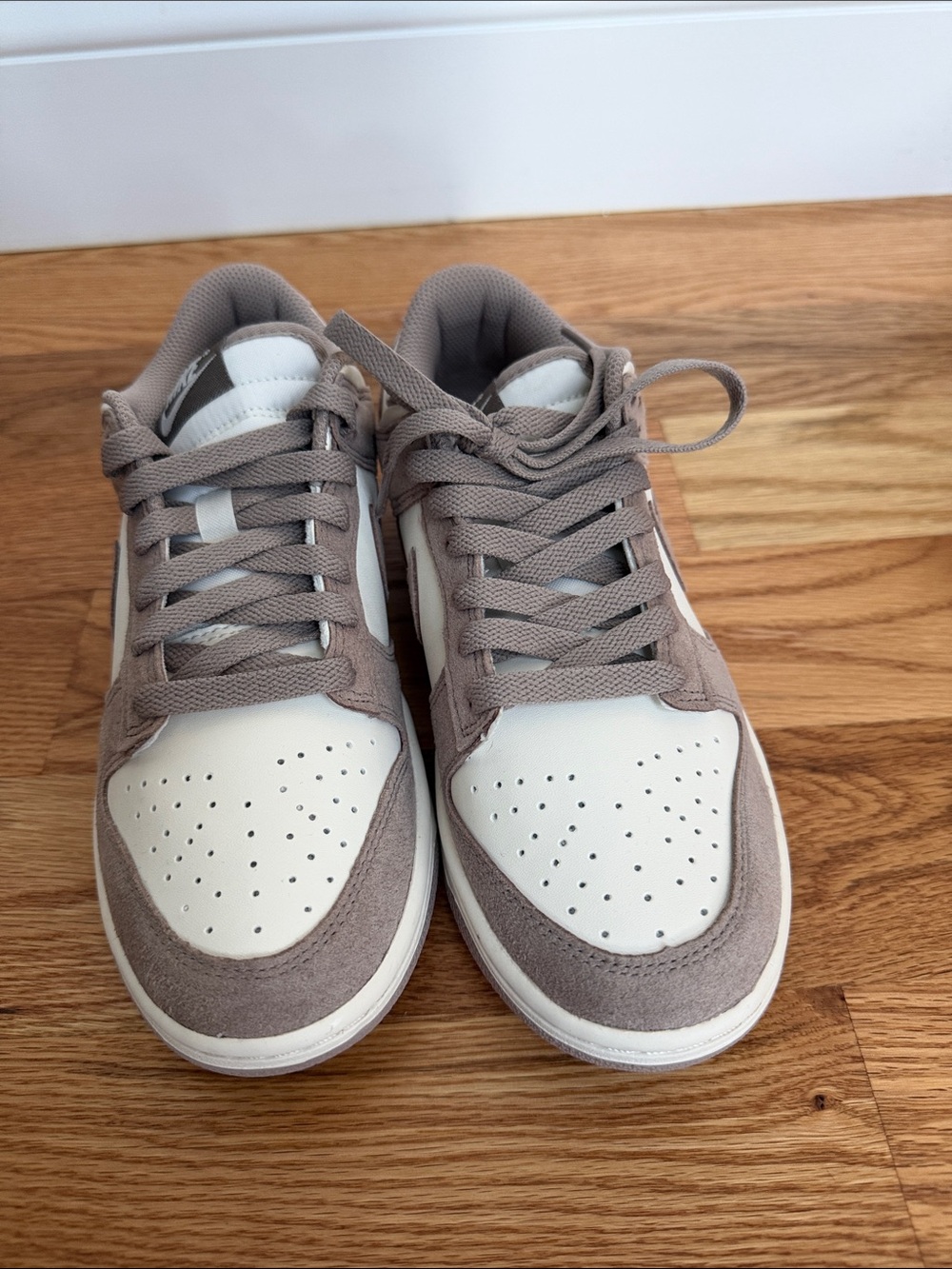 Nike Women’s Dunk Low-Top Sneakers in Taupe and White with Gold Swoosh - Picture 2 of 4